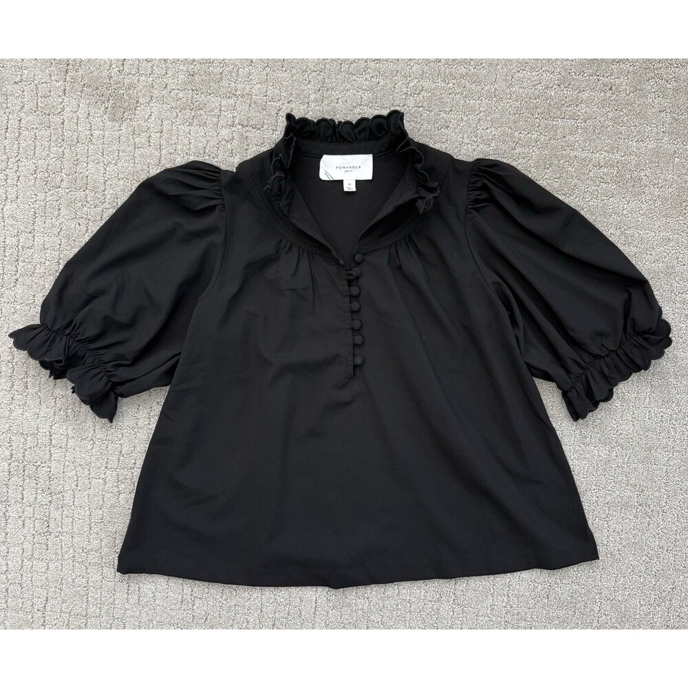Pomander Place Tuckernuck Selena Blouse M Black Ruffle Puff Sleeve Button Top